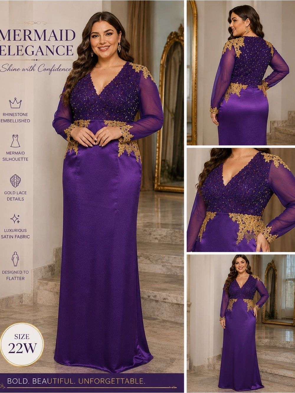 Maxi Women’s Purple Gold Mermaid Dress Size 22W Lace Rhinestone Trim